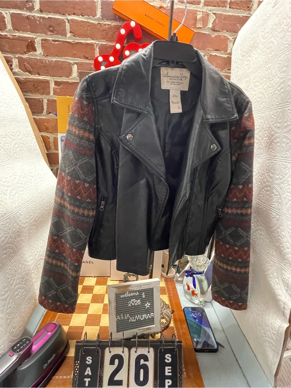 American Rag black Aztec print leather fux